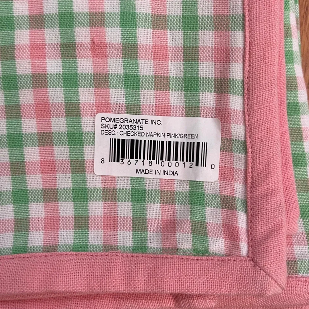Pomegranate Inc. Tablecloth Napkin Set Pink Green Cotton Gingham Cottagecore